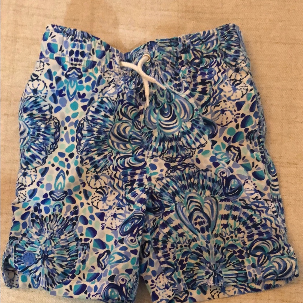 Lilly Pulitzer Blue and White Swim Trunks with Paisley Print